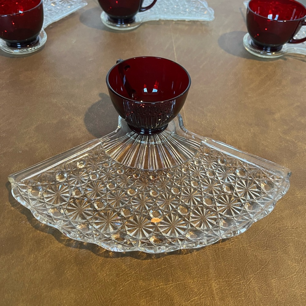 Pressed Glass Fan-shaped Snack Plates with Red Glass Cups  Set of Four